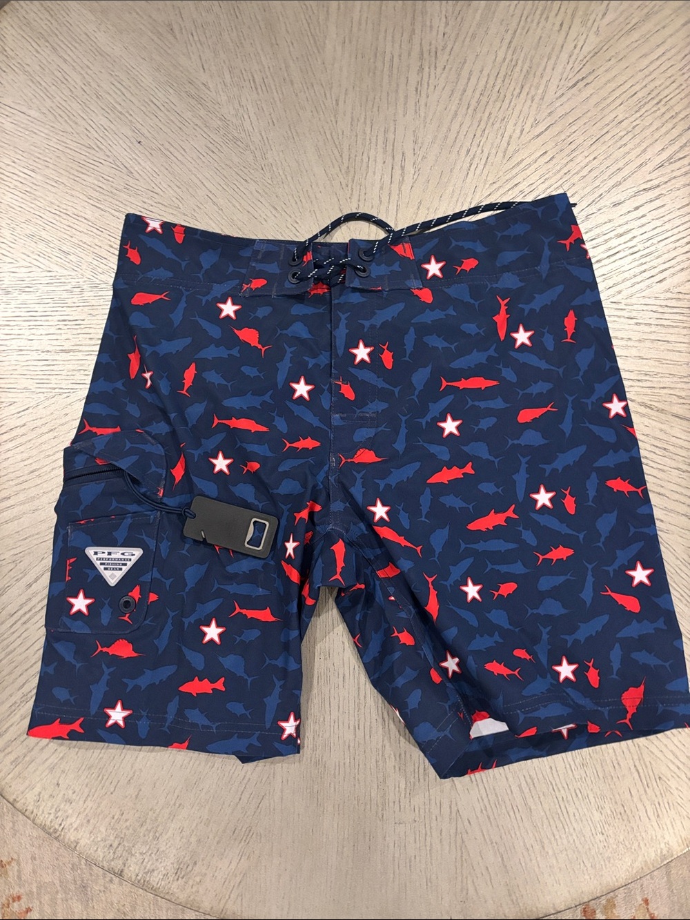 Columbia Men's Navy and Red Shark Print Board Shorts built in Bottle opener
